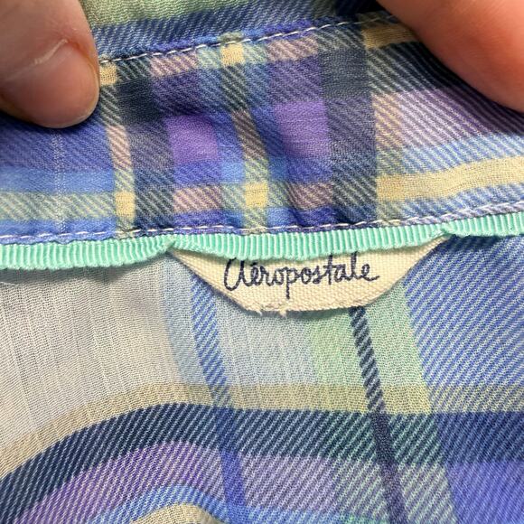 Aeropostale Womens Sheer Button Down Blouse Tank Top Split Back Blue Plaid XL - Picture 6 of 8